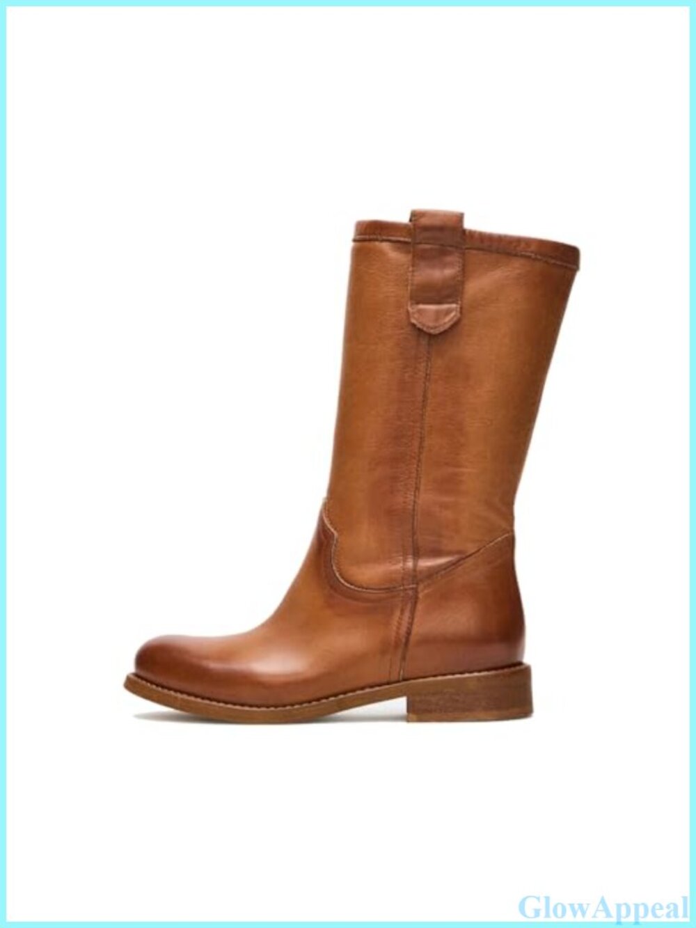 Mid Calf Pull On Boots Chunky Block Heel Round Toe PU Leather
